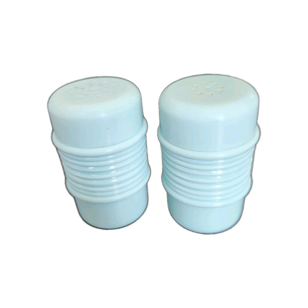 Vtg 80's Rubbermaid Light Blue Plastic Ribbed 3" Salt & Pepper Shakers RARE 2657